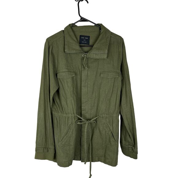 Love Tree sz L Large Linen Blend Olive Green Lightweight Jacket Utility Casual - Picture 1 of 15